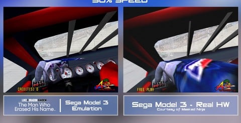 There are some shading omissions, clipping problems and differences in texture filtering, but Daytona USA 2's Model 3 emulation remains highly robust overall. Click on the images for higher resolution.