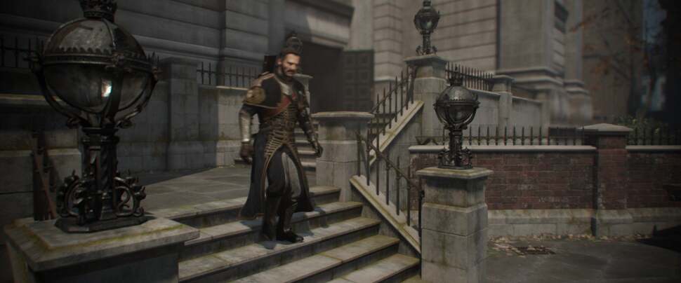 Chromatic aberration is used sparingly during specific scenes. Notice the effect along the left side of the image: it adds to the filmic look and isn't overpowering. Also note the detailed globe lamps adorning the various posts throughout the scene