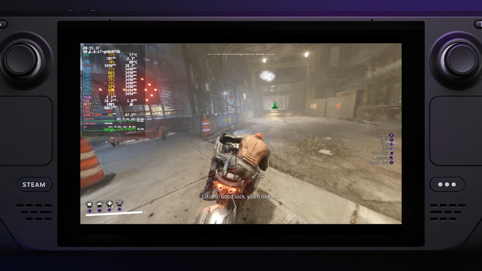 Gotham Knights running at 21fps in the open world on Steam Deck - and yet the GPU is only drawing 2.3W. The Zen 2 cluster is running at maximum clocks and taking most of the power, yet we're still CPU-limited
