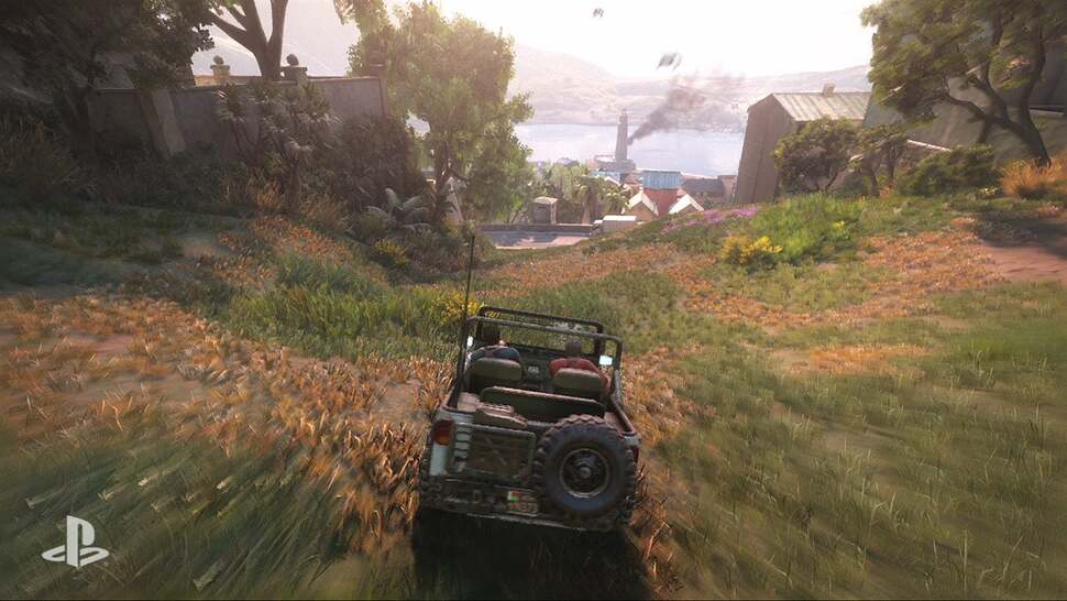 Foliage is densely layered for scenery in the second half of the demo, with emitters on each producing leaf particles as you drive through