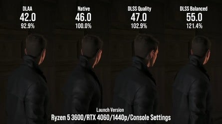The launch version of First Light lacked the sort of DLSS upscaling we'd normally expect, but patch 1.0.5 has fixed the issue and the performance gains versus native rendering look more reasonable now. Click to enlarge. 