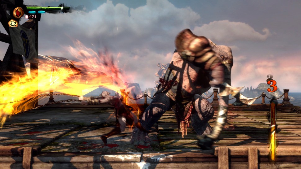 Alpha buffers are used liberally this time, with black smoke, water splashes, and lavish fire trails from Kratos' blades weighing in. The intensity of the fire effects rises with the combo counts on the right, leaving the whole screen erupting in flame