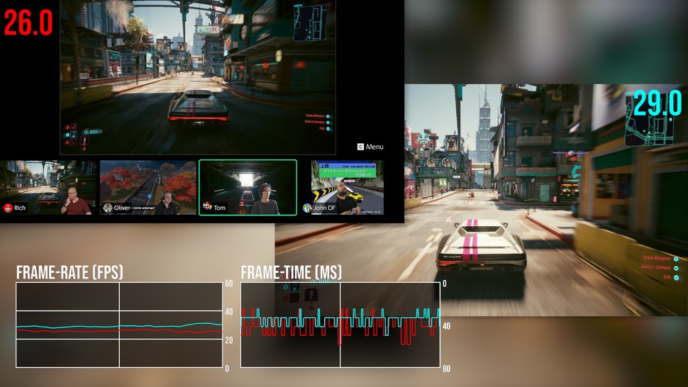 City streaming at speed in Cyberpunk 2077 seems to have an impact on performance. In this shot, we're seeing that the non-Game Chat version (right) runs at a higher frame-rate than the exact same section with Game Chat enabled. We're using internal CD Projekt RED streaming tests here to mirror performance as closely as possible between sessions