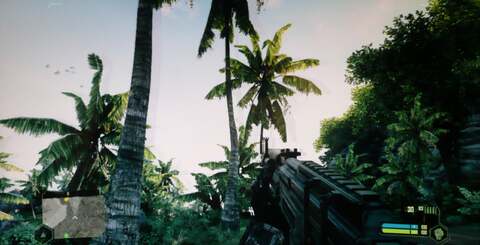 Crosstalk can be an issue on some content. The ghosting on the trees in Crysis on PS3 is noticeable in the shot here, but it's really distracting during actual gameplay. However, on most content, the display works admirably as the Devil May Cry shot demonstrates. Click on the images for higher resolution versions. Note that these photos were taken through lens of the glasses to illustrate the crosstalk effect.
