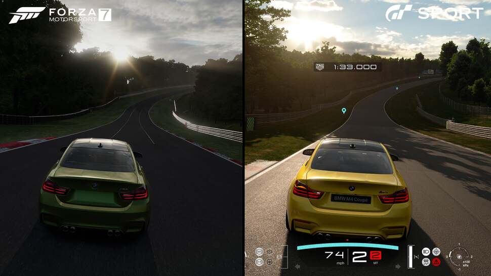 GT Sport features real-time shadows that correspond to sun position leading to situations like this. We have a real-time car shadow on the Forza side with baked world shadows. These are mostly obscured, but don't fully line up with the sun