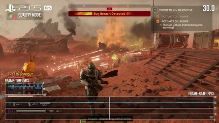 Quality mode for Helldivers 2 targets native 4K and this 30fps mode is more stable than its base PS5 counterpart. Inconsistent frame-pacing remains, however, which is a shame.