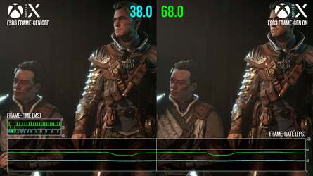 A couple of snapshots of frame-rates in Immortals of Aveum on Xbox Series X, running with frame-gen on and off. This represents the two ends of the performance scale.