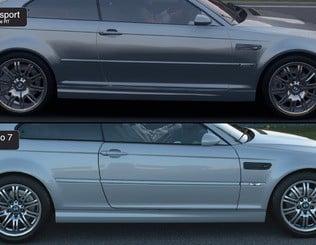 Though these BMW E46 M3 cars are from slightly different model years, which could account for some small differences in features and colour, there are still obvious changes in fidelity looking at the car's panel gaps, lights and wheels. Here, Gran Turismo seems to have the edge, but what do you think?