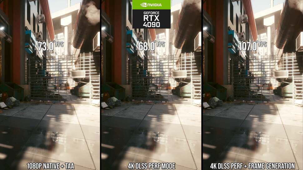 How path-traced 4K is possible at over 100fps on RTX 4090. High performance at 1080p is here and thanks to DLSS performance mode, the same internal resolution upscales nicely to 4K with only a seven percent hit to frame-rate. Meanwhile, DLSS 3 frame generation increases frame-rate by over 57 percent