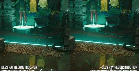 Click for higher resolution images. On top, you'll see how the vision transformer technology virtually eliminates the older DLSS ghosting we've often discussed. Bottom left, you'll see improved detail from the new tech, while bottom right shows the improvement to detail with DLSS ray reconstruction.