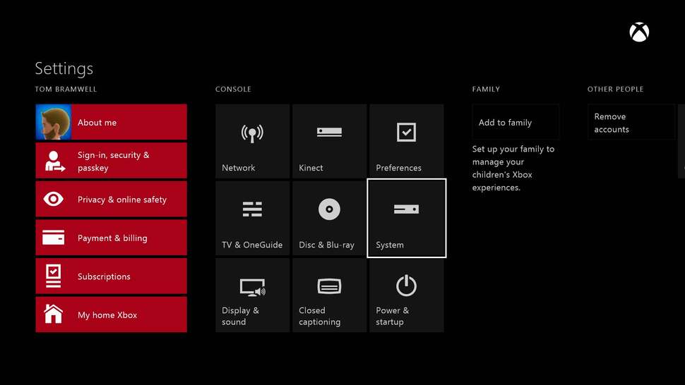Xbox One's settings menu. Everything looks as it should but curiously there is no overview of hard drive storage.