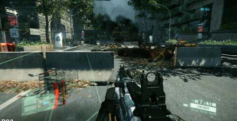 Grab your paper glasses! On the left we have a single eye view, on the right an anaglyph representation of the 3D effect. Anaglyph is still used, even by professionals, in viewing 3D content on a 2D screen and does a pretty good job here of demonstrating Crysis 2's implementation.